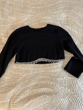 Zara Black Cropped Knit Top with Rhinestone Fringe
